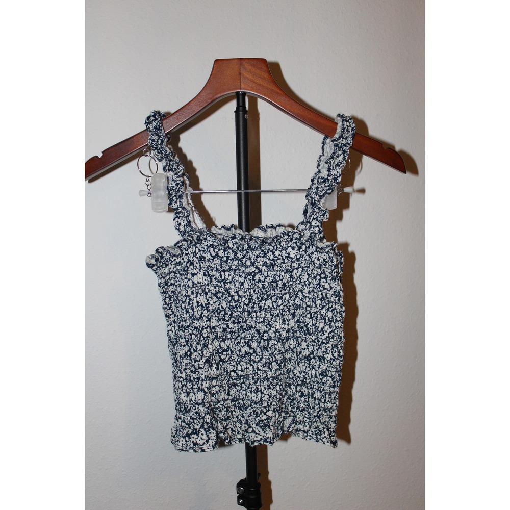 Old Navy Women's XS Navy Blue White Ditsy Floral Smocked Ruffle Crop Top